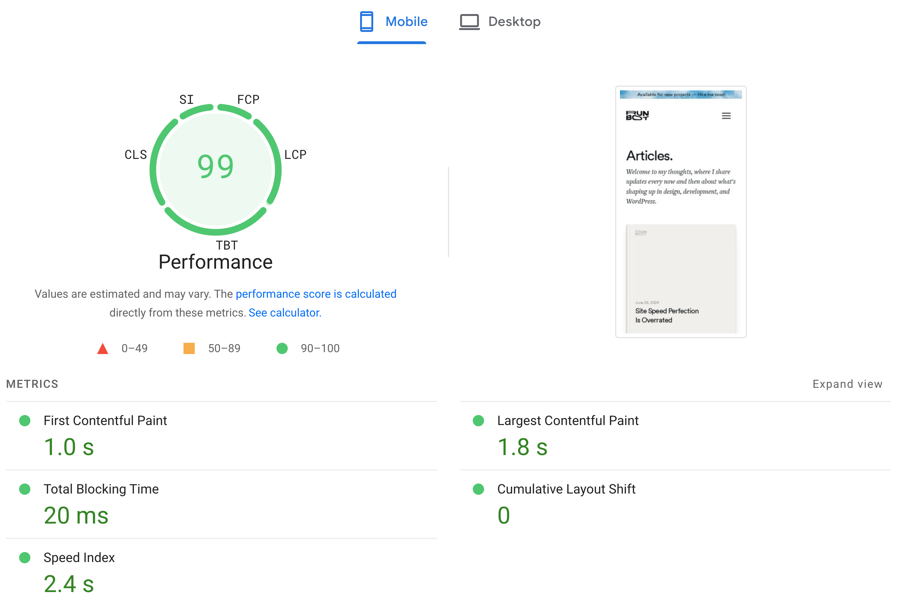 Google Webcore Vitals Mobile Score